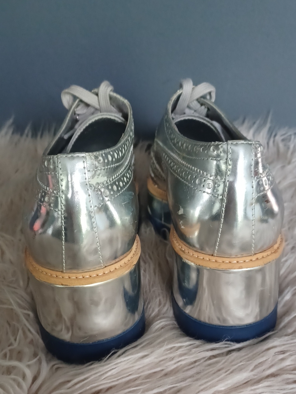 PRADA Silver Metallic Leather Platform Oxford Shoes - Picture 3 of 16